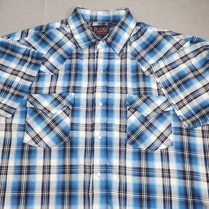 Plains Western Wear Shirt Blue Plaid Pearl Snap Short Sleeve Mens Large